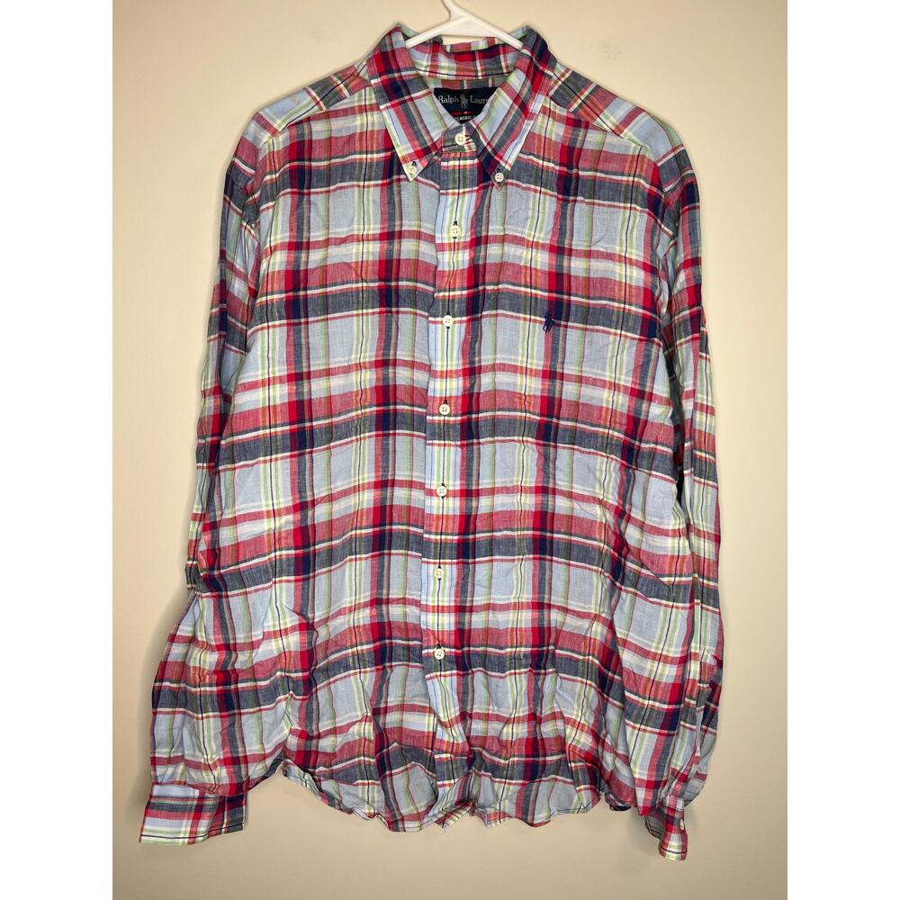 2000s Ralph Lauren Linen Plaid Rainbow Old Money Country Club Oxford Shirt XL